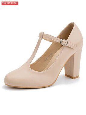 Women's T-Strap Mary Jane Heels Chunky Block Heel Round Toe Dress Pumps
